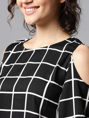 Black checked 3/4th sleeve cold shoulder crepe tunic