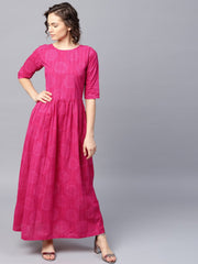 Pink printed half sleeve cotton flared maxi dress
