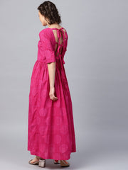 Pink printed half sleeve cotton flared maxi dress