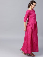 Pink printed half sleeve cotton flared maxi dress