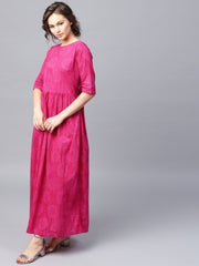 Pink printed half sleeve cotton flared maxi dress