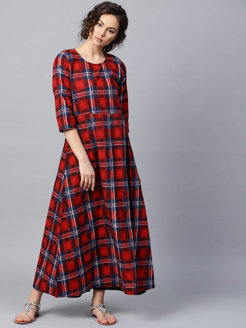Women Red Ankle Length Three-Quarter Sleeves A-Line Checked Checked Cotton Kurta