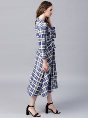 Blue printed 3/4th sleeve cotton A-line maxi dress