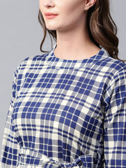 Blue printed 3/4th sleeve cotton A-line maxi dress