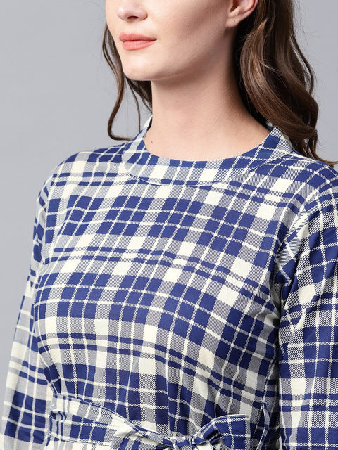 Blue printed 3/4th sleeve cotton A-line maxi dress