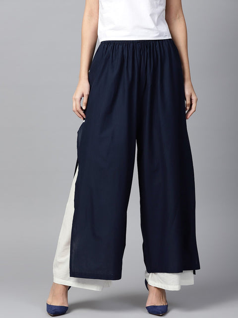 Blue and white Ankle length cotton double layer Palazzos