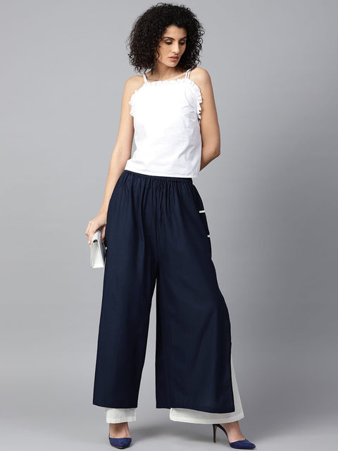 Blue and white Ankle length cotton double layer Palazzos