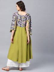 Green 3/4th sleeve cotton Anarkali kurta with yoke printed