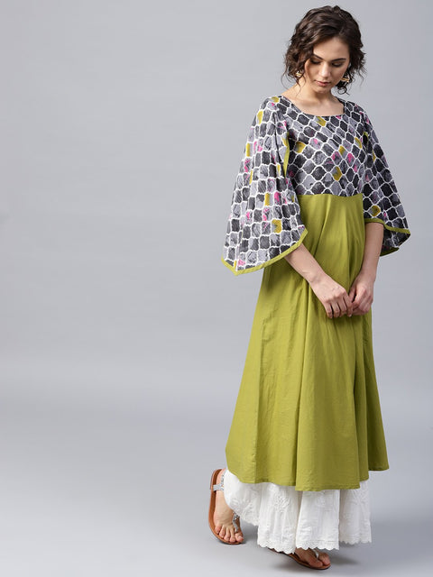Green 3/4th sleeve cotton Anarkali kurta with yoke printed