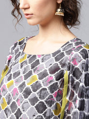 Green 3/4th sleeve cotton Anarkali kurta with yoke printed