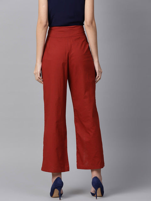 Red cotton straight fit palazzo