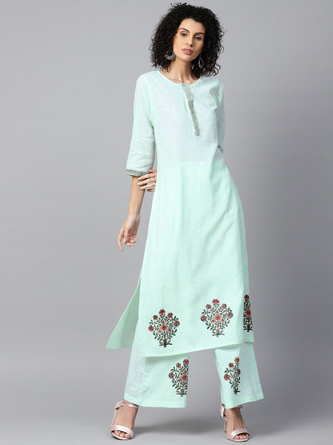 Pista Green 3/4th sleeve cotton block printed A-line kurta with Flared palazzo