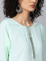 Pista Green 3/4th sleeve cotton block printed A-line kurta with Flared palazzo