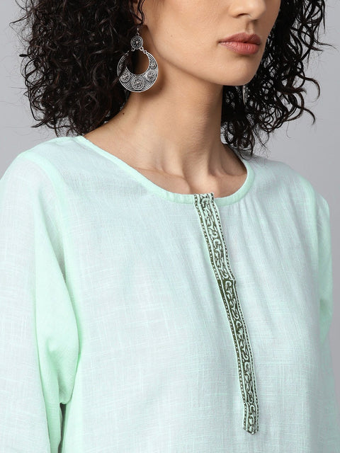 Pista Green 3/4th sleeve cotton block printed A-line kurta with Flared palazzo