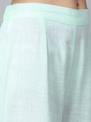 Pista Green 3/4th sleeve cotton block printed A-line kurta with Flared palazzo