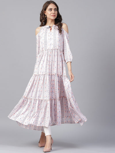 Off White printed 3/4th cold shoulder sleeve tiered anarkali kurta