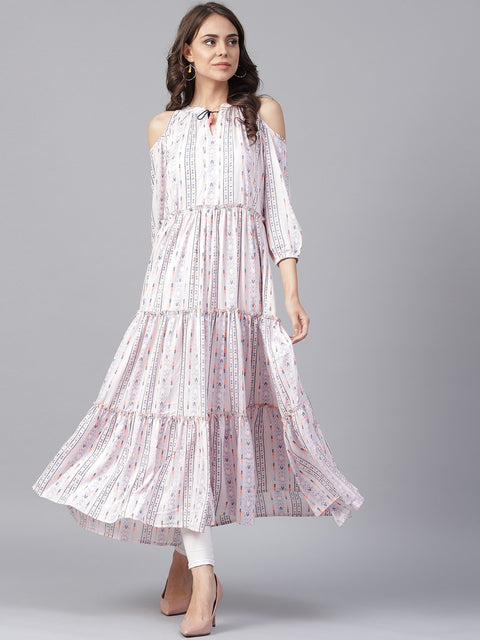 Off White printed 3/4th cold shoulder sleeve tiered anarkali kurta