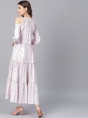 Off White printed 3/4th cold shoulder sleeve tiered anarkali kurta