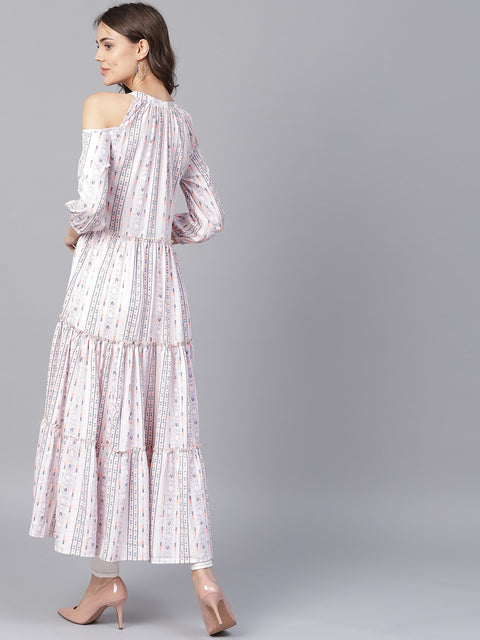 Off White printed 3/4th cold shoulder sleeve tiered anarkali kurta