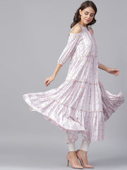 Off White printed 3/4th cold shoulder sleeve tiered anarkali kurta