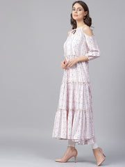 Off White printed 3/4th cold shoulder sleeve tiered anarkali kurta