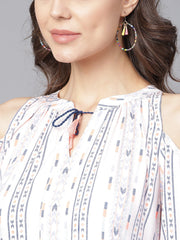 Off White printed 3/4th cold shoulder sleeve tiered anarkali kurta