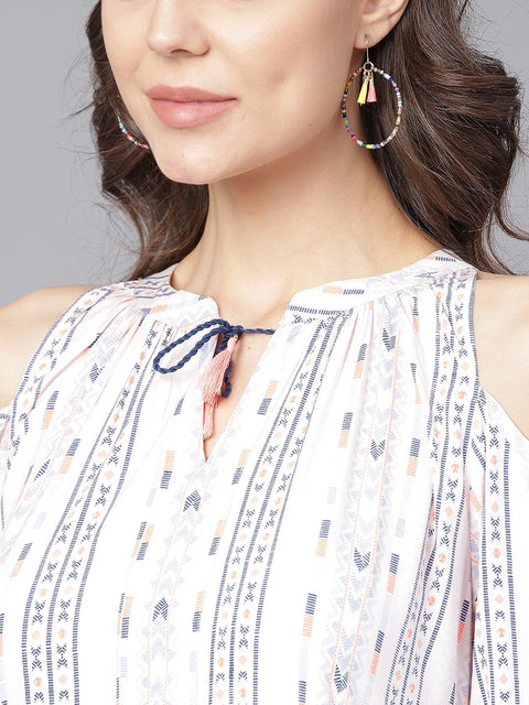 Off White printed 3/4th cold shoulder sleeve tiered anarkali kurta