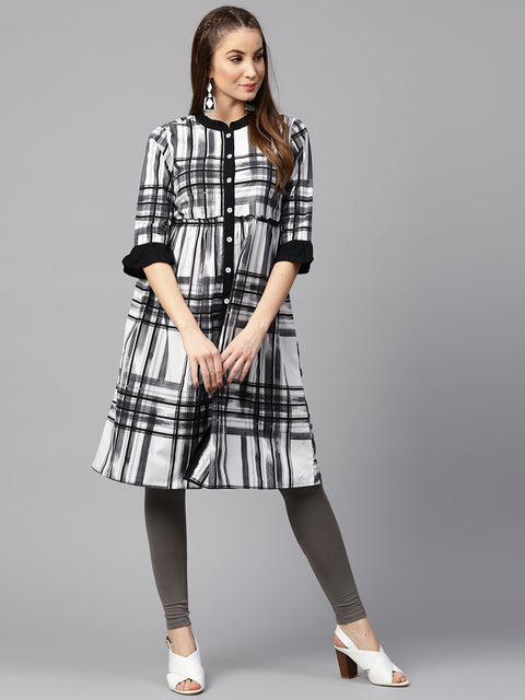 Black check 3/4th sleeve front open kurta