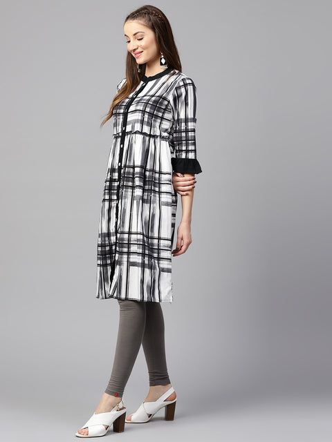 Black check 3/4th sleeve front open kurta