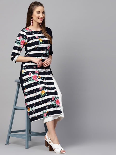 Blue 3/4th sleeve crepe floral printed kurta