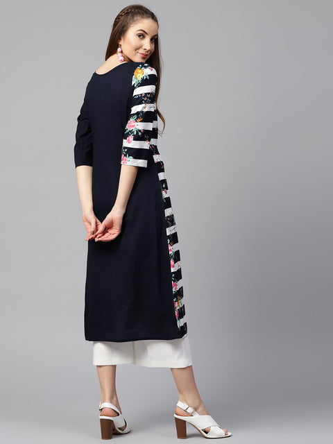 Blue 3/4th sleeve crepe floral printed kurta