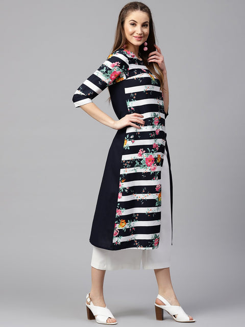 Blue 3/4th sleeve crepe floral printed kurta