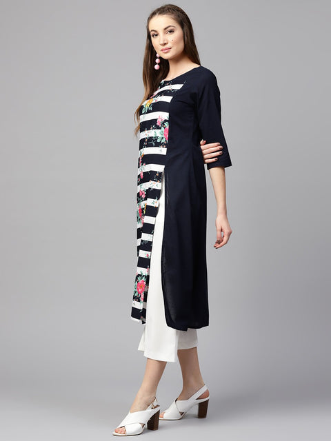 Blue 3/4th sleeve crepe floral printed kurta