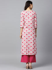Pink printed 3/4th sleeve cotton kurta with solid pink palazzo