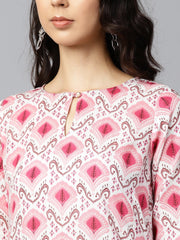Pink printed 3/4th sleeve cotton kurta with solid pink palazzo
