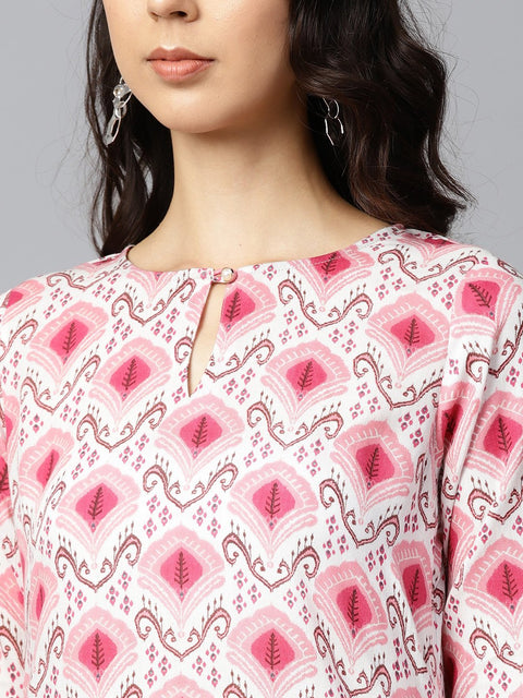 Pink printed 3/4th sleeve cotton kurta with solid pink palazzo