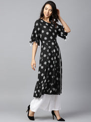 Black printed 3/4th sleeve high slit cotton A-line kurta with off white palazzo