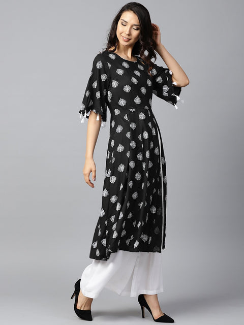 Black printed 3/4th sleeve high slit cotton A-line kurta with off white palazzo