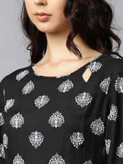Black printed 3/4th sleeve high slit cotton A-line kurta with off white palazzo