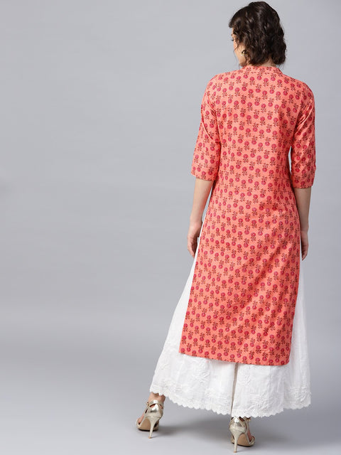 Peach printed 3/4th sleeve cotton straight kurta