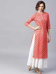 Peach printed 3/4th sleeve cotton straight kurta