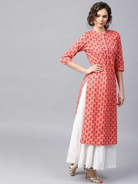 Peach printed 3/4th sleeve cotton straight kurta