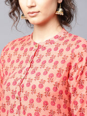 Peach printed 3/4th sleeve cotton straight kurta