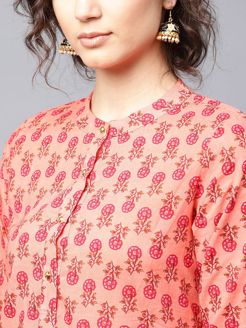 Peach printed 3/4th sleeve cotton straight kurta