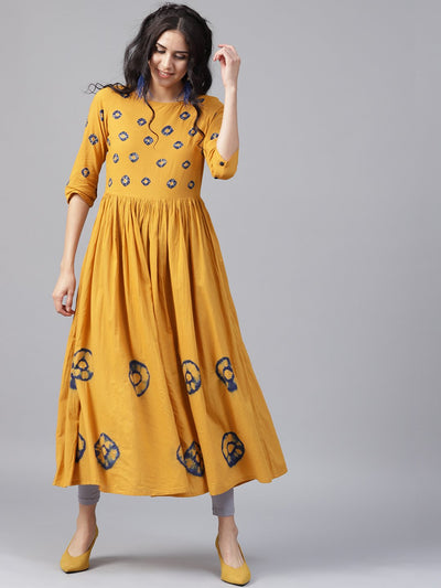 Mustard 3/4th sleeve cotton block printed Anarkali kurta