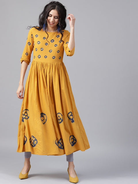 Mustard 3/4th sleeve cotton block printed Anarkali kurta