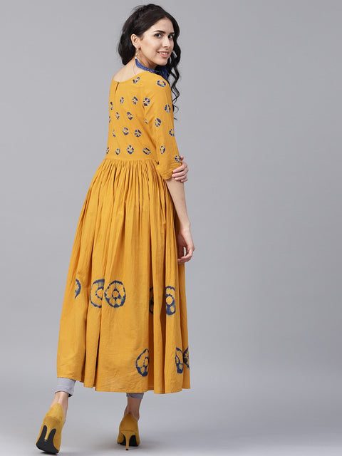 Mustard 3/4th sleeve cotton block printed Anarkali kurta