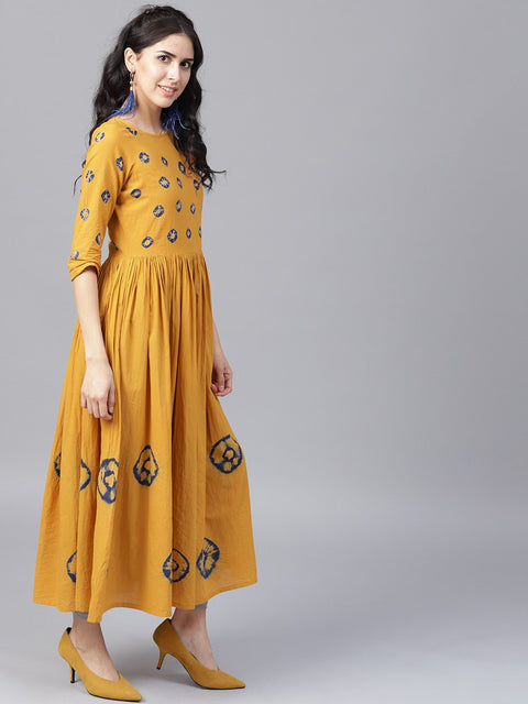 Mustard 3/4th sleeve cotton block printed Anarkali kurta