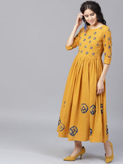 Mustard 3/4th sleeve cotton block printed Anarkali kurta