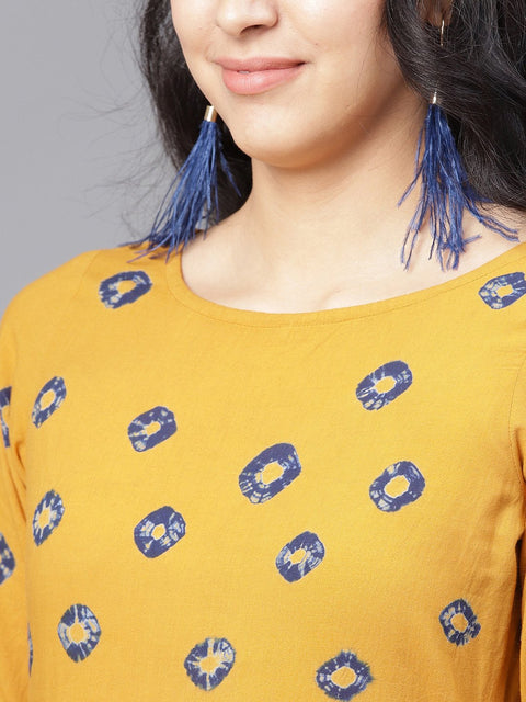 Mustard 3/4th sleeve cotton block printed Anarkali kurta
